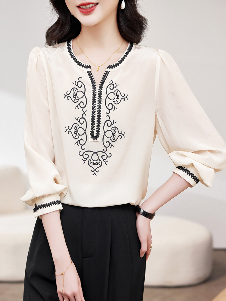 Vintage Heavy Embroidery Silk Shirt for Women, Long Sleeve, 2026 Spring New Style, Double Crepe Mulberry Silk, Elegant Slimming Top