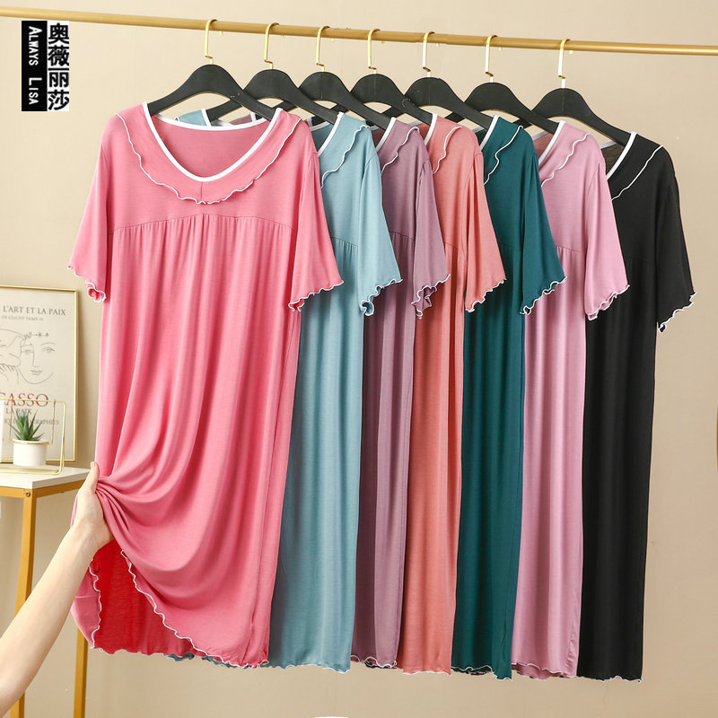 Modal Nightdress Summer Women's Loose Short-Sleeved Pajamas Lace-Trimmed Dress Outwear Thin Large Size Home Clothes