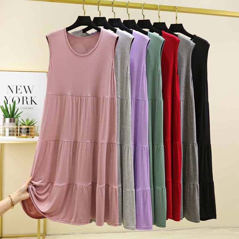 Summer Women's New Sweet Dress Solid Color Round Neck Short Sleeve Casual Cake Dress Pleated Large Swing Dress