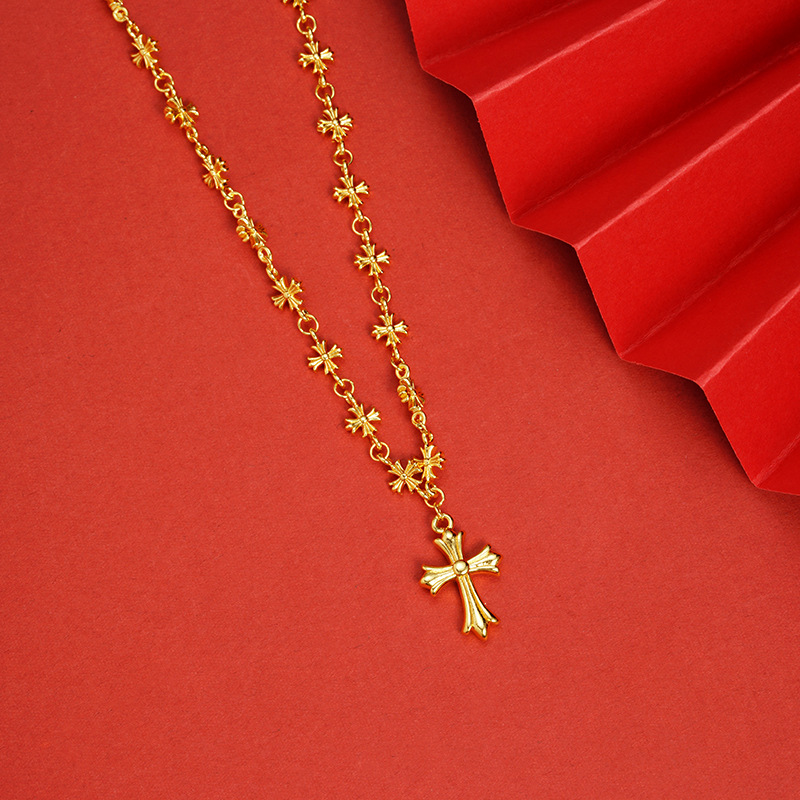 New Vietnamese Sand Gold Necklace Retro Trendy Crow Heart Cross One-Piece Chain Women's Cross-Border Long-Lasting Jewelry