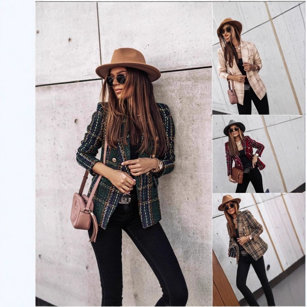 2025 Amazon Independent Site Wish New Style Autumn and Winter Long-Sleeved Double-Breasted Suit Collar Printed Small Jacket for Women