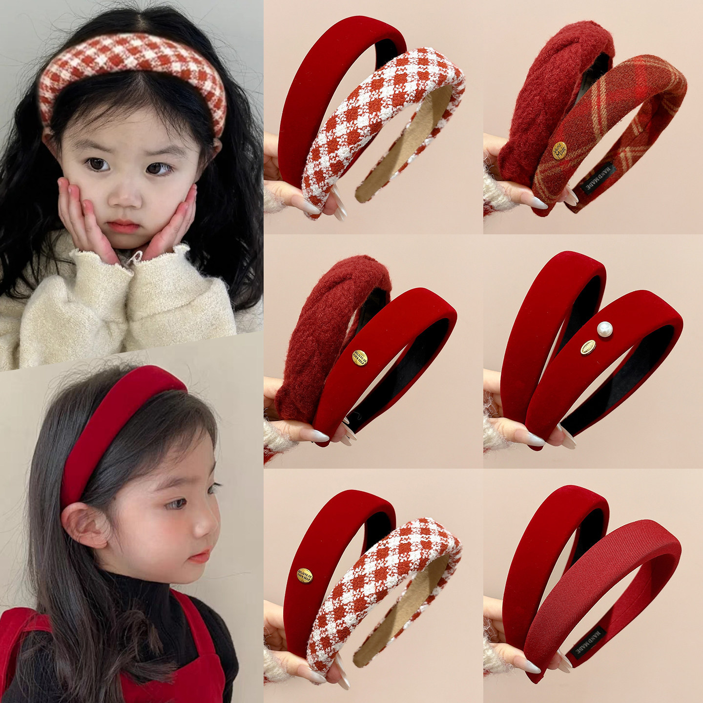 2026 New Children's Red Plaid Wide-Brimmed Headband for Girls, High-Top Stylish Headband, Festive Hairpin for Babies