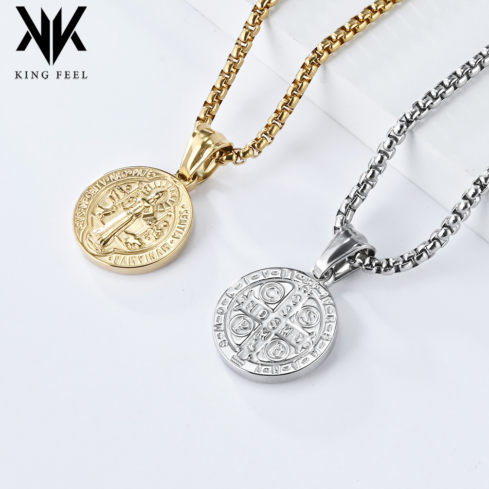 Cross-border e-commerce European and American jewelry St. Benedict Exorcist Stainless Steel Necklace Men's and Women's Titanium Steel Round Brand Coin Pendant