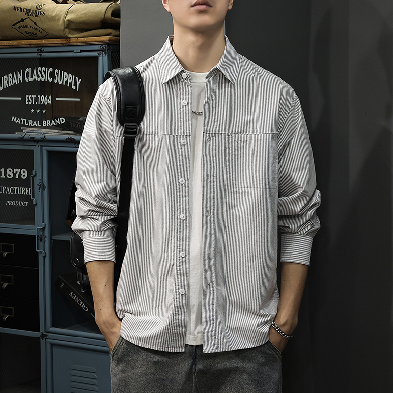 Spring and Autumn New Style Spliced ​​Oxford Cloth Long-Sleeved Shirt Men's Loose Lapel Top Spring American Striped Shirt Jacket