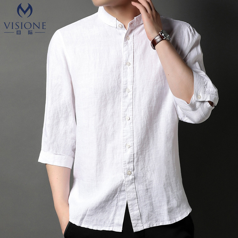 100 Pure Linen Cropped Sleeve Shirt Men's Summer Chinese Style Vertical Collar Short Sleeve Thin Shirt National Fashion Linen Loose Half Sleeve
