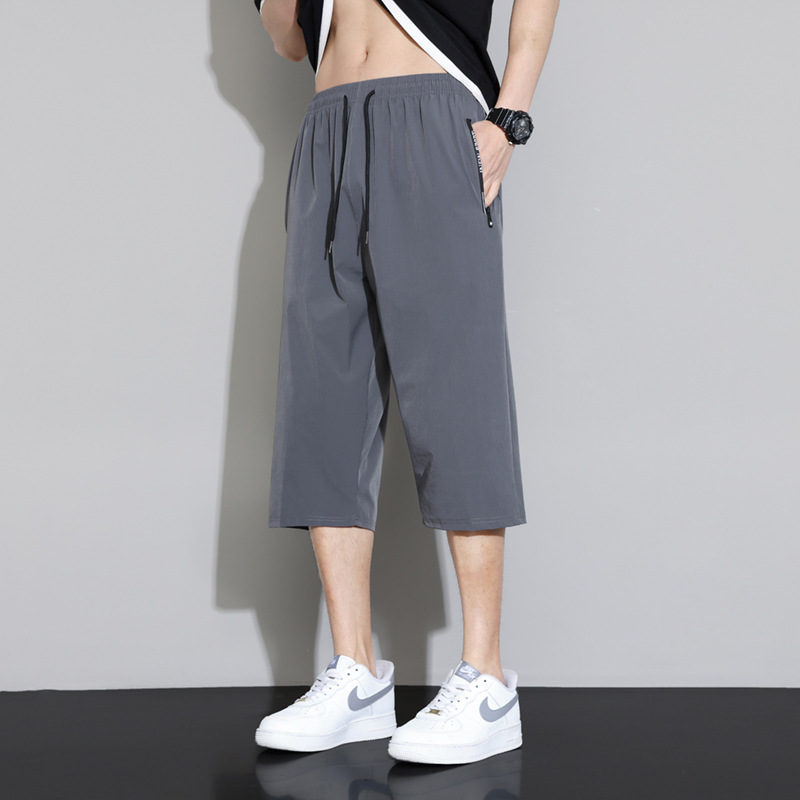 New Arrival Cropped Pants Men's Summer Thin Loose Straight Casual Pants Men's Fashionable Over-knee Ice Silk Pants Breathable and Cool