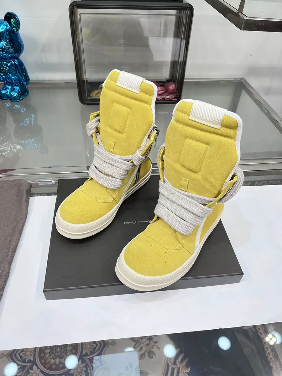 Ro Thick Shoelaces Inverted Triangle High-Top Shoes for Men Genuine Leather Yellow Cow Suede Thick Sole Big Tongue High Street Trendy Sneakers for Women