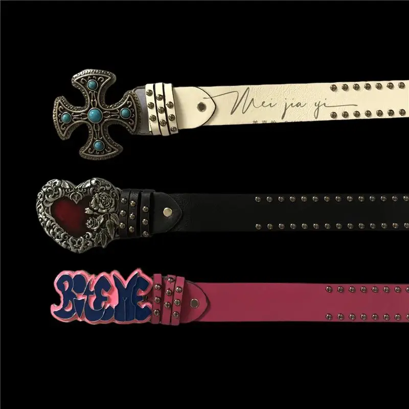 Trendy Shibuya Style Retro Metal Design Niche Black Cross Belt Versatile Pants Belt Leather Belt
