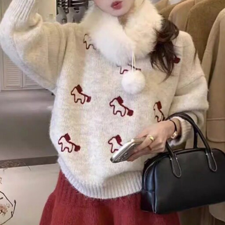 New Year Atmosphere Youthful Soft Jacquard Pullover Sweater for Women with Detachable Fur Collar Versatile Casual Top