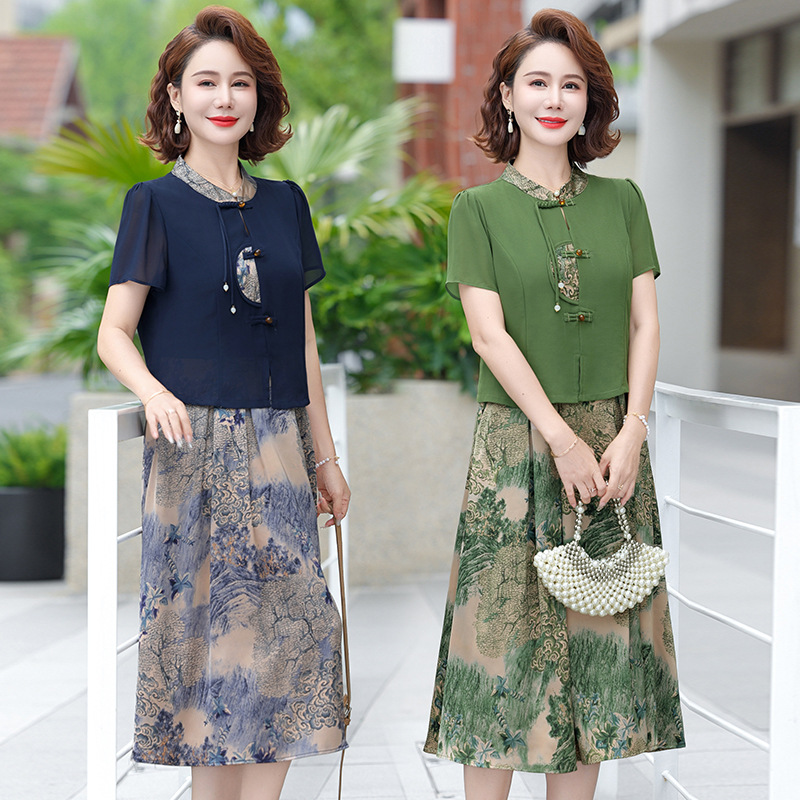 Mother's Summer New Style National Style Chiffon dress Western Style Noble 50-Year-Old New Chinese Fake Two-Piece Skirt