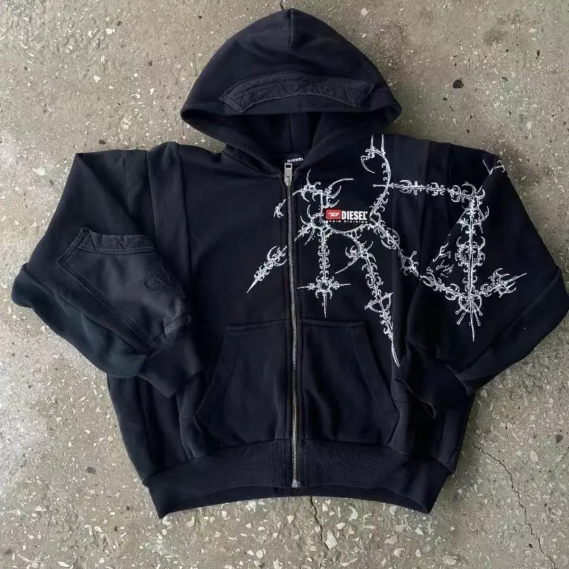 American Street Hip-Hop Gothic Harajuku Y2K Black Skull Butterfly Zipper Jacket Double-Layer Hoodie Women's Sweatshirt