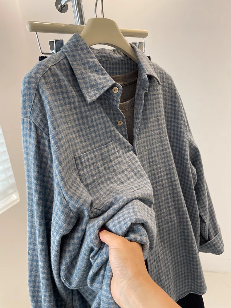 Vintage Washed Brushed Blue Plaid Shirt Jacket for Women, Autumn Thickened Loose Casual Outerwear Layering Top Trendy