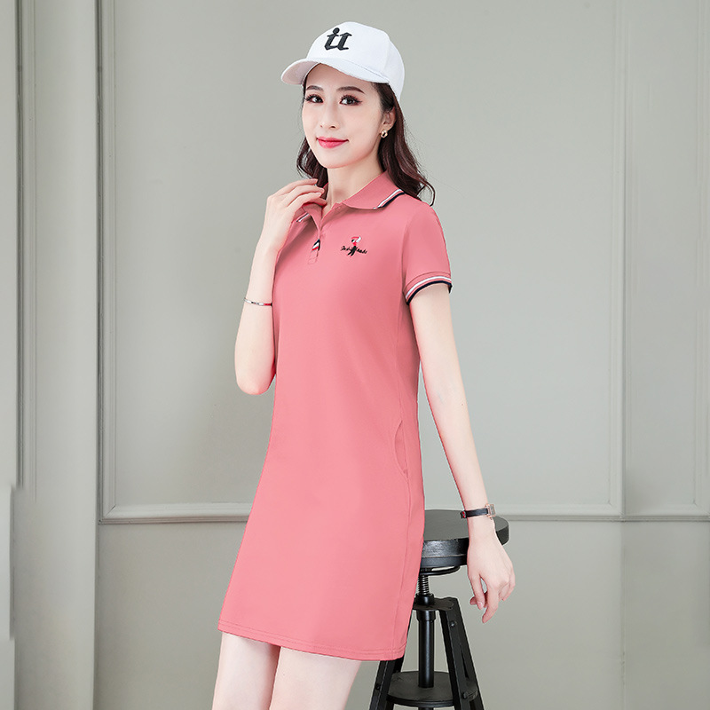 Polo Collar Sports Style T-Shirt Short-Sleeved Dress 2026 Summer New Style Casual Large Size Elegant Embroidered Slimming Look Dress