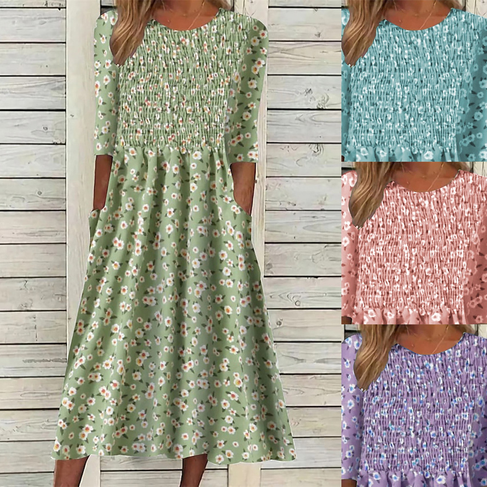 Cross-border Women's Clothing Amazon European and American Elegant Waist Printed Short-sleeved Dress 2023 Summer New Holiday Women