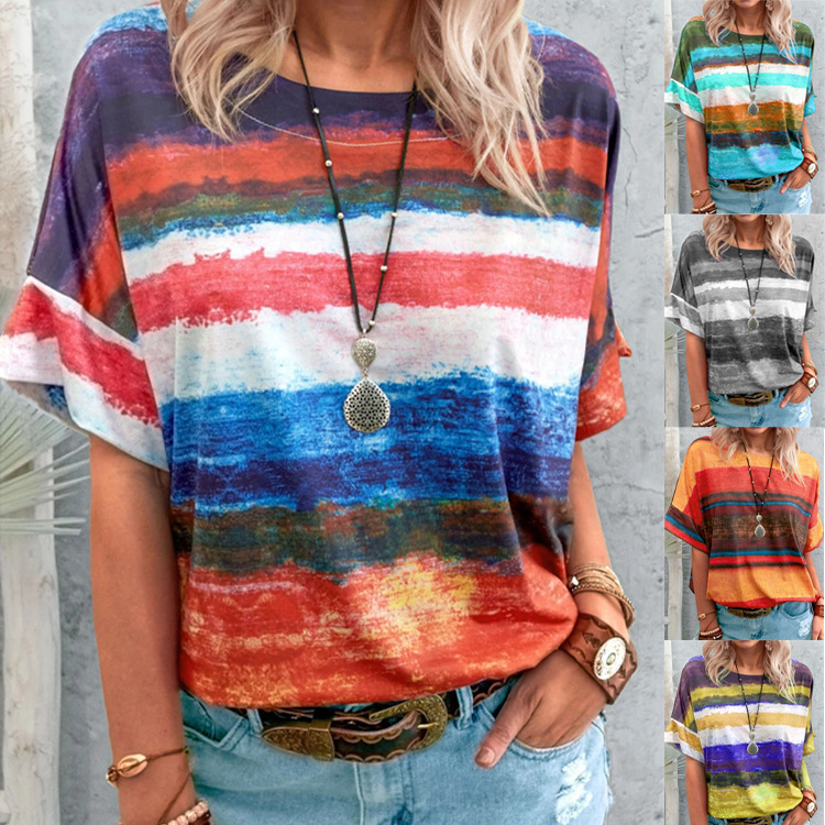Processing and Customizing Export Women's Clothing Cross-Border 2026 New Summer European and American Gradient Color-Blocking Women's Short-Sleeved T-Shirt