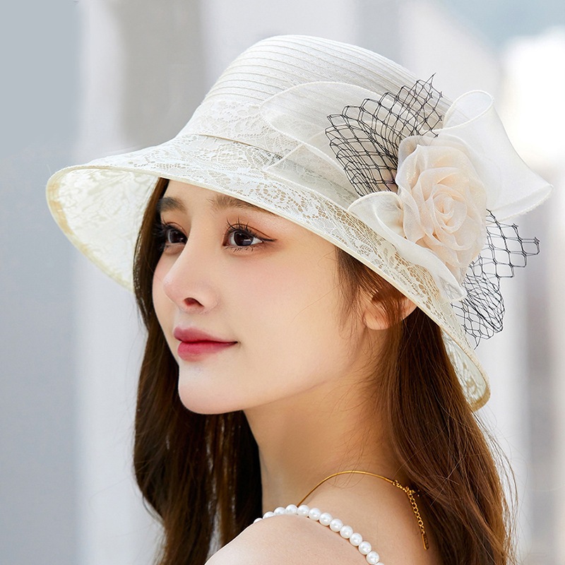 British Style Bucket Hat, New Spring and Summer Sun Protection Floral Lace Sun Hat, Fashionable and Elegant French Style Hat for Middle-Aged and Elderly People