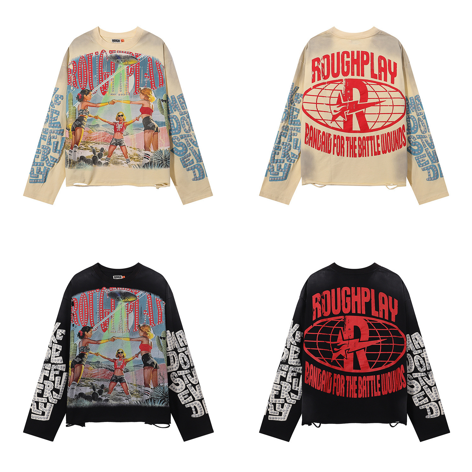 Roughplay Retro Print Trendy High Street Fashion Casual Fashion Fake Two-Piece Men's and Women's Long-Sleeved T-Shirts Trendy