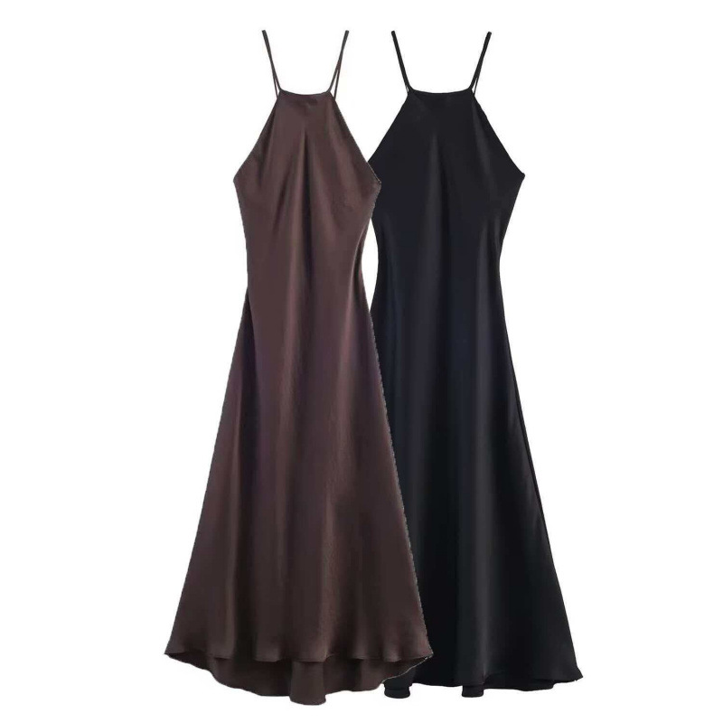 Za Cross-Border European and American Foreign Trade Women's Clothing Aliexpress Hot-Selling Summer Slim-Fit Silk Satin Texture Halter Neck Dress