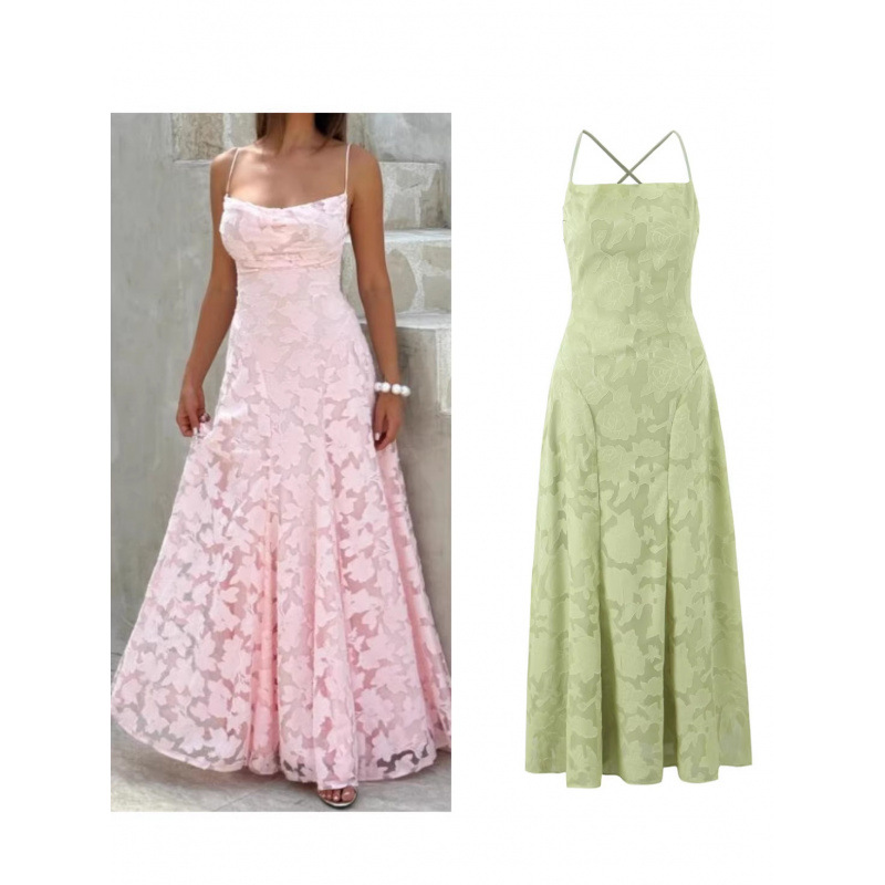 Foreign Trade French-Style High-End Romantic Backless Lace-Up Solid Color Jacquard Elegant Sexy Strapless Dress Trendy