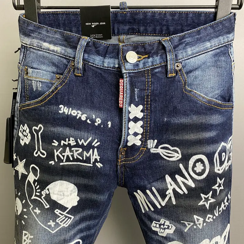 9823 2023D2 Men's Denim Pants Quadratic Printed Fashion White Small Straight Leg Cross-border Trendy Jeans