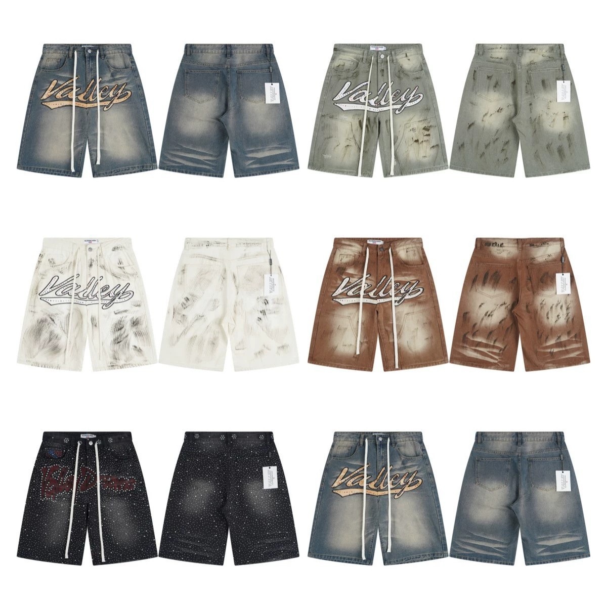 Vale Valley Forever American Fashion High Street Embroidered Rhinestone Letters Washed Distressed Casual Denim Shorts