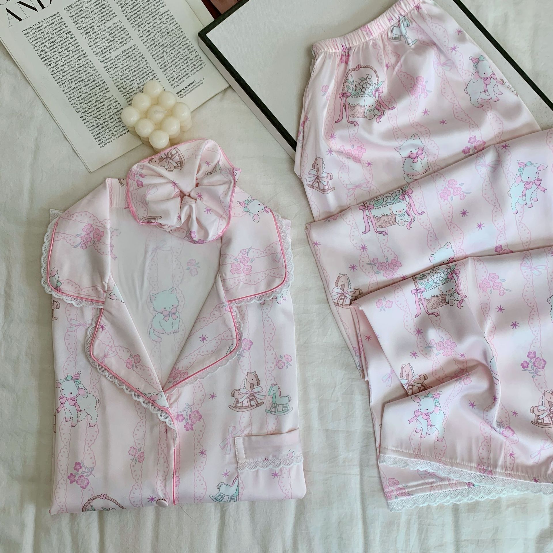 【Childlike Play】Early Spring New Style Ice Silk Soft Cardigan with Turn-Down Collar, Pink and Sweet Cute Cartoon Pajamas