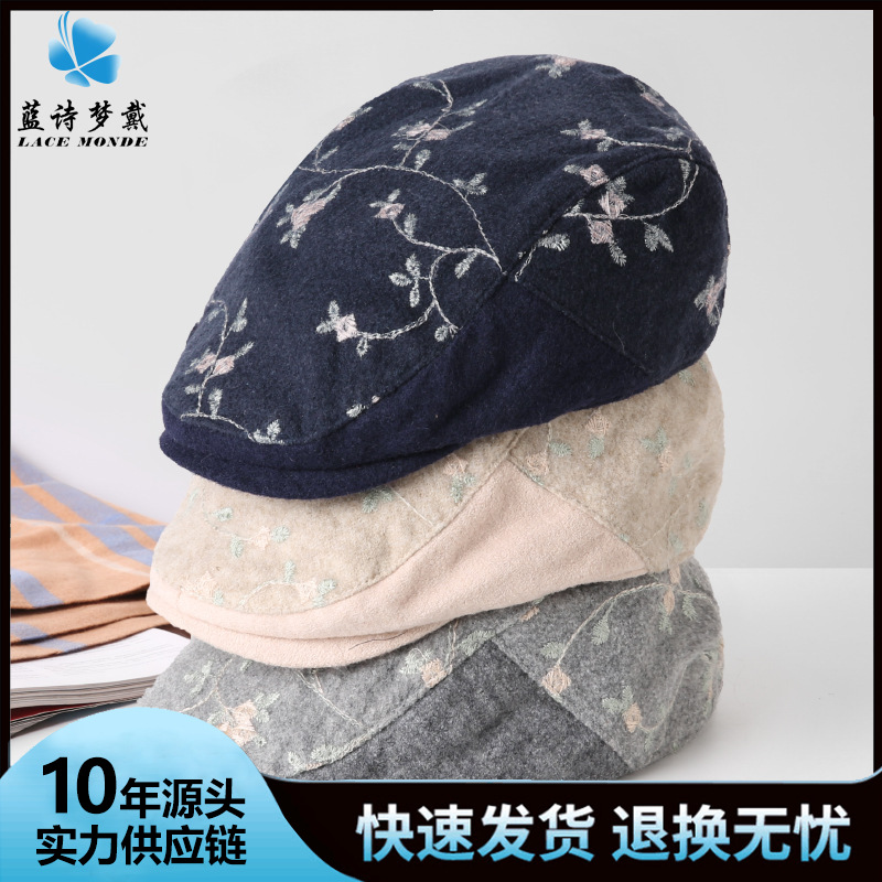 Autumn Wool Beret Women's Double Layer Cap Men's Forward Cap New Artists Cap British Embroidered Belly Cap