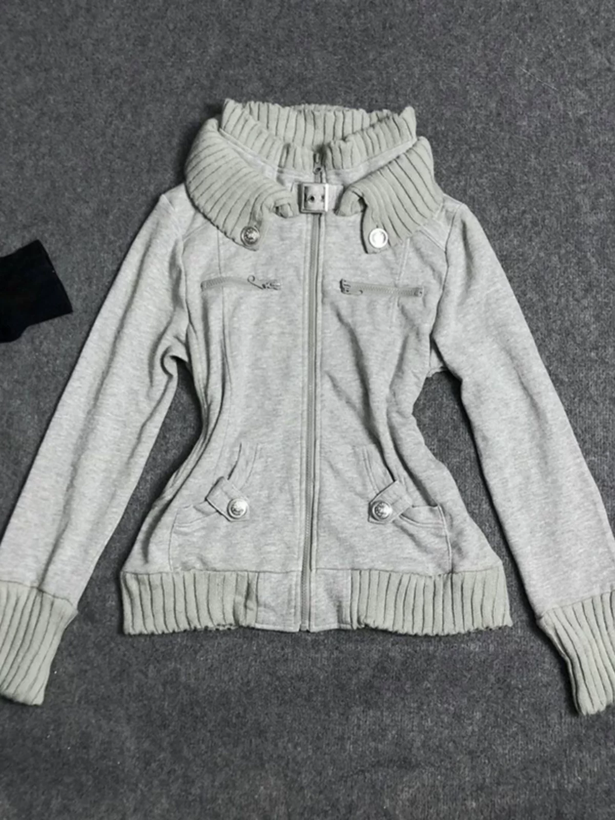 Baoye Girl Original Gray Workwear Sweatshirt Jacket for Women, Autumn Turn-Down Collar Design, Niche Retro Top, Trendy