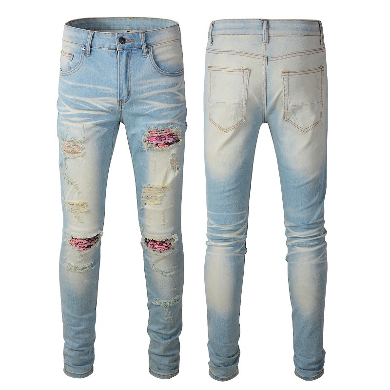 American Retro Ripped Pants Trendy Men's Jeans Men's Jeans High Street Ripped Jeans Slim Fit Pants 589