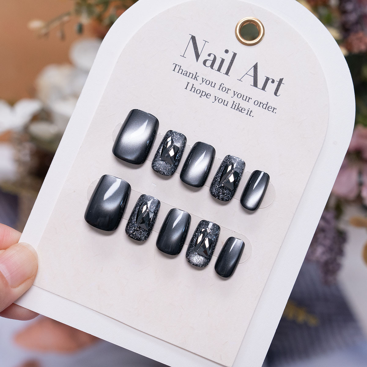 Split-Code Nail Patches with Sparkling Glass Beads, Cat's Eye Diamonds, Whitening Wearable Nails, Removable Wearable Fingernail Patches Wholesale