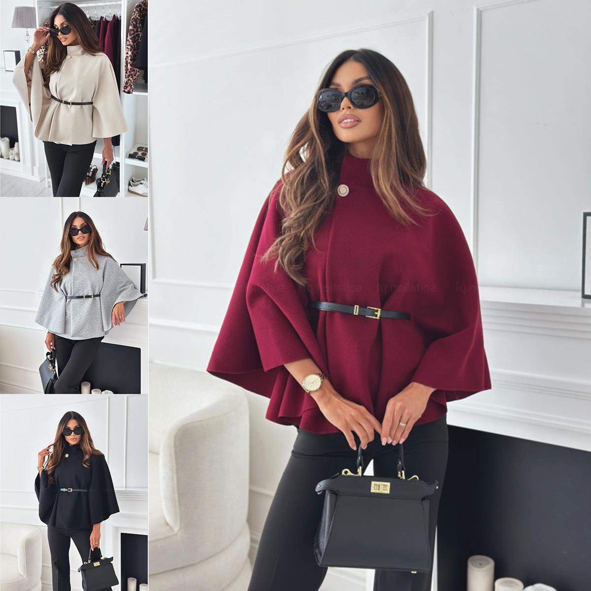 2026 Autumn/Winter Amazon Aliexpress New Cross-Border Women's Fashion Solid Color Waist-Tie Woolen Cape Coat Top