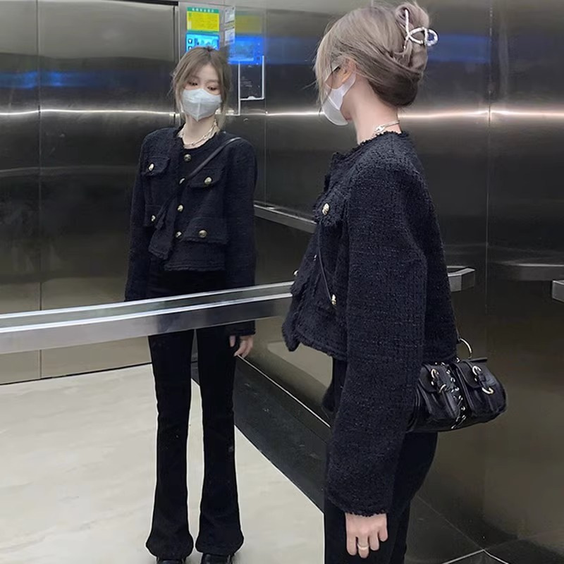 Autumn and Winter Black Fragrant Elegant Wind Coat Women's Spring and Autumn Design Sense Niche High Sense Short Tweed Top
