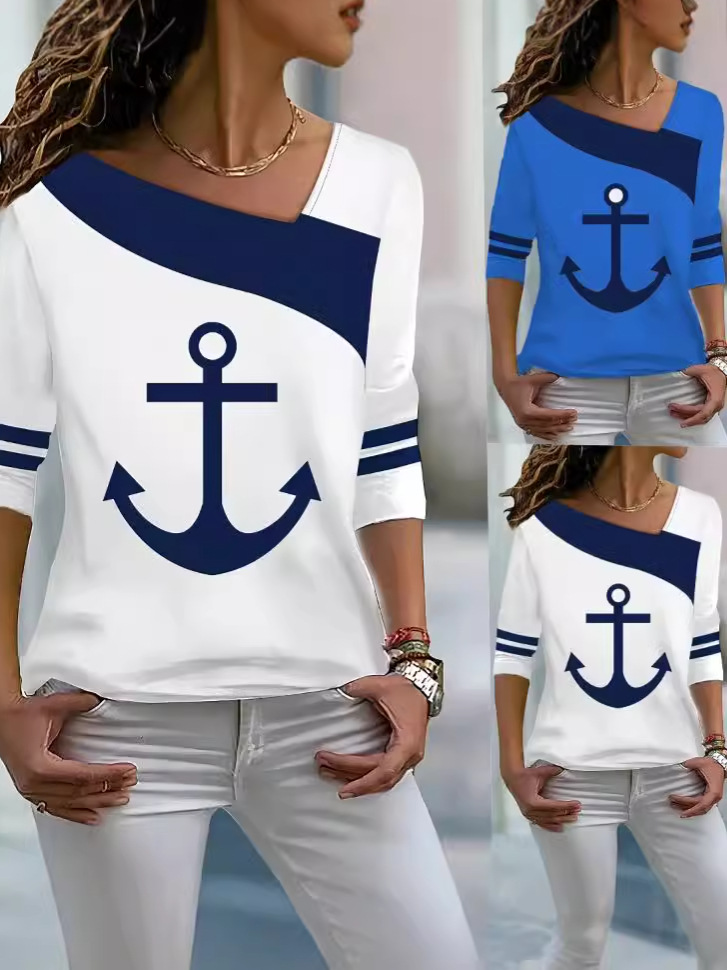 Cross-border foreign trade autumn and winter new women's clothing printed color matching long sleeve women's T-shirt oblique collar pullover casual plus size women's clothing
