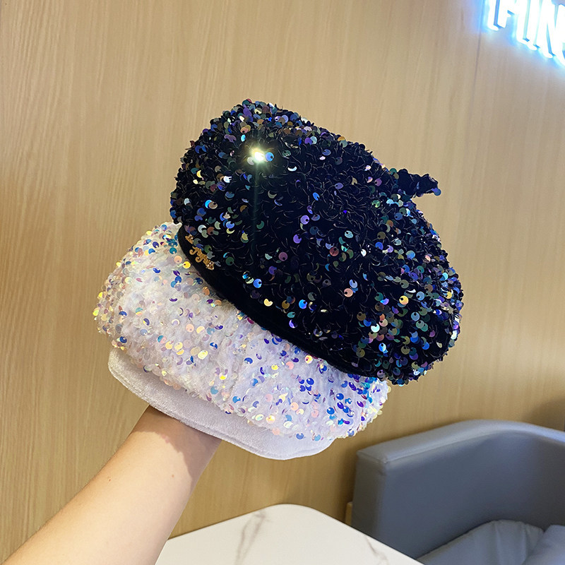New Colorful Sequin Beret for Women, Fashionable and Versatile Street Style Pumpkin Hat, Korean Version Trendy Artist Hat, Beret Hat
