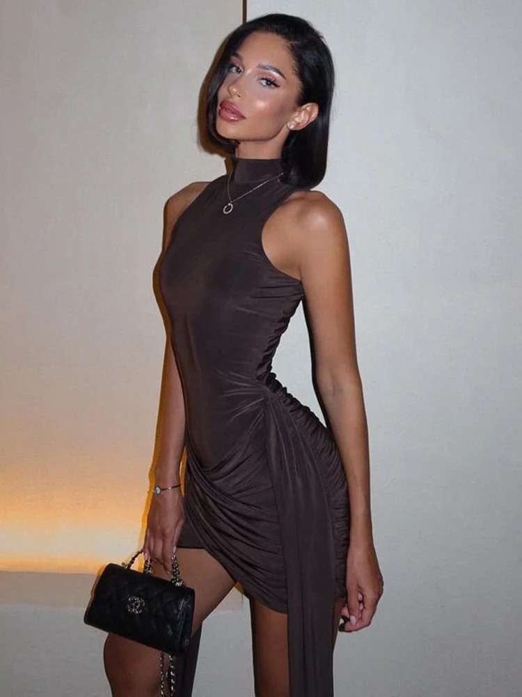 Cross-border European and American High-collar Sleeveless Sexy Hip dress Women's 2024 Strap Decorative Pleated Skirt Party Skirt