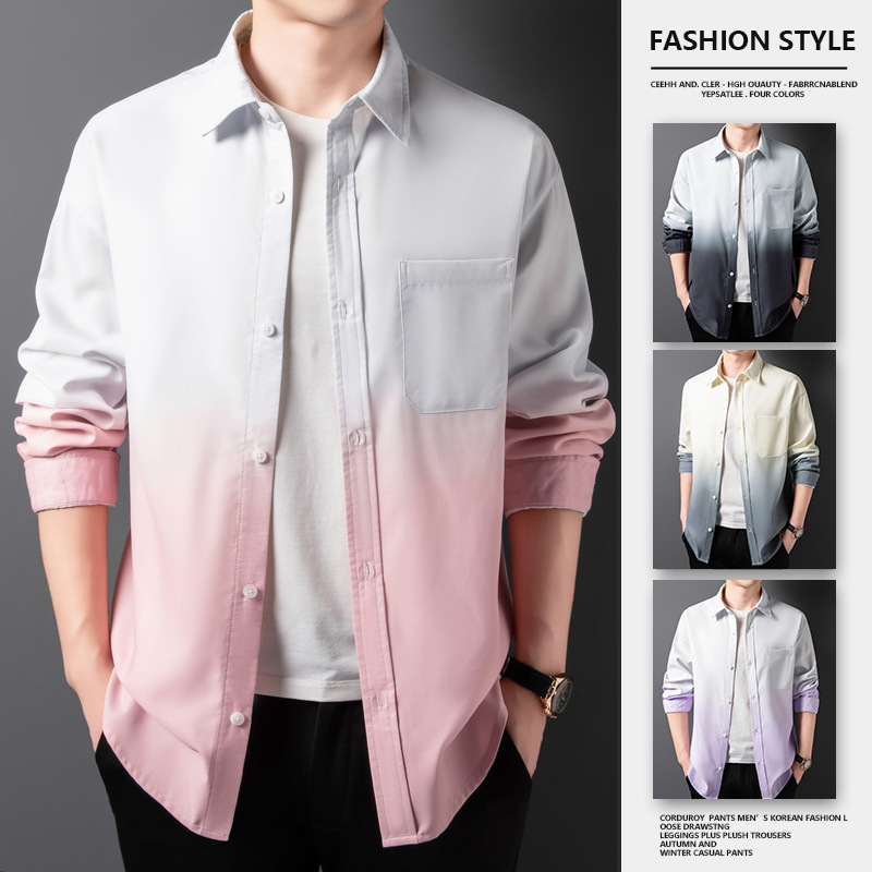 Gradient Lapel Shirt Men's Spring and Autumn 2025 New Fashion Brand Loose All-match Handsome Casual Long-sleeved Shirt