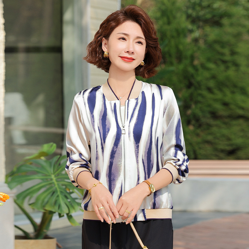 2025 Spring and Autumn New Fashion Jacket Women's Baseball Suit Coat Long Sleeve Printed Silk Top Sang Tencel Shirt