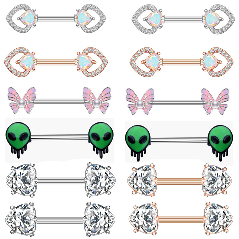 Cross-Border best selling straight rod breast ring earrings human body perforation puncture stainless steel breast ring 1.6*14 peach heart milk nail now