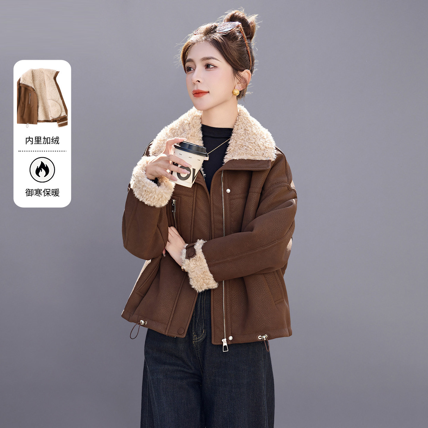 Fur-Lined and Thickened Suede Jacket for Women, Short Style, 2026 New Trendy Warm Lamb Wool Coat