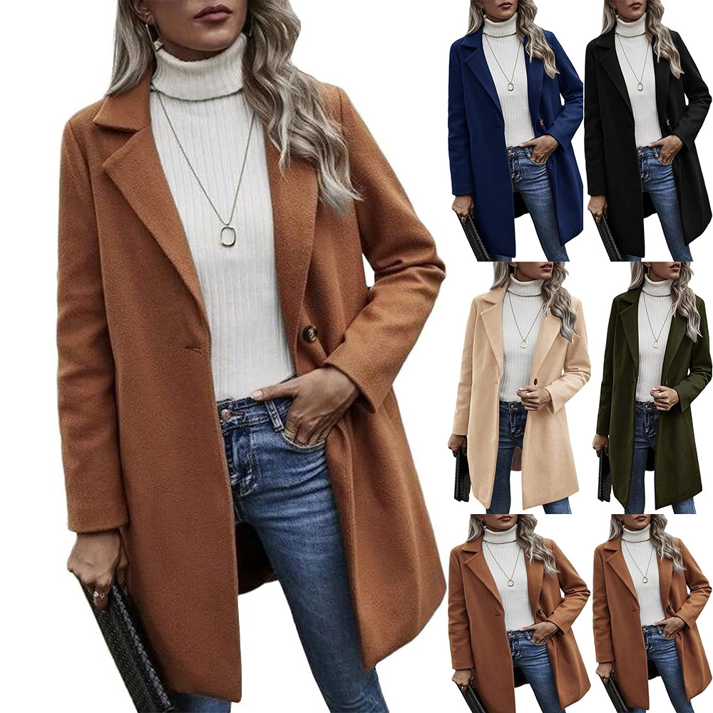 2022 European and American Foreign trade button double-sided woolen trench coat women's solid color pocket loose long-sleeved woolen coat overcoat