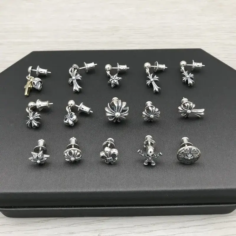 S925 Sterling Silver Earrings, Personalized, Fashionable, Retro Thai Silver Earrings, Cross Earrings, Men's and Women's Earrings, European and American Trendy Jewelry