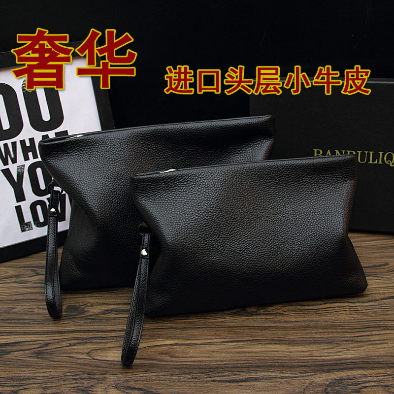 New Men's Handbag Head Layer Leather Soft Leather Large Capacity Envelope Bag Men's Handbag Casual Grip Bag Clip Bag Foto QC de TAOBAO na Qualit.ly