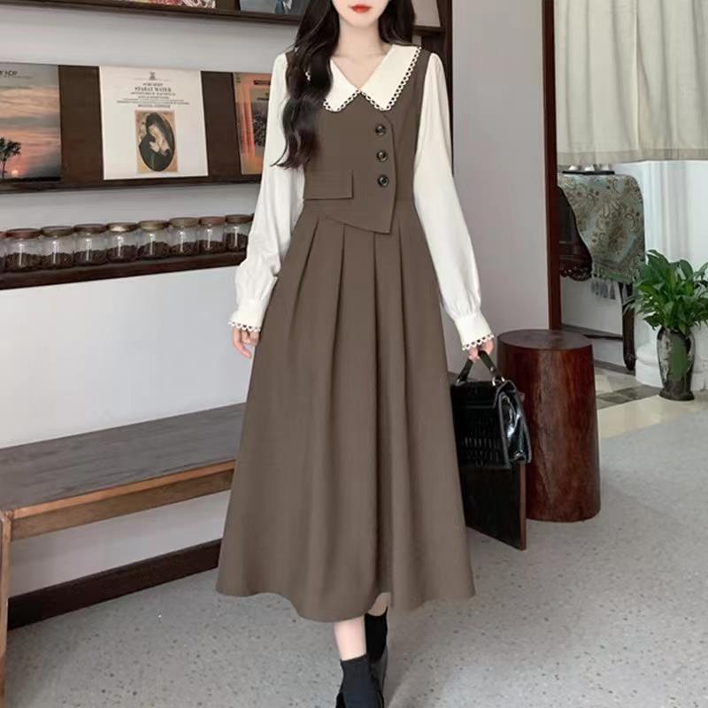 French retro stitching fake two-piece dress women's long-sleeved doll collar high-end design autumn and winter temperament dress
