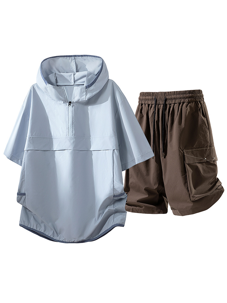 Summer Sports Short-Sleeved Suit Men's Casual Hooded Half-Zip T-Shirt 2026 New Loose Trendy Brand Two-Piece Set