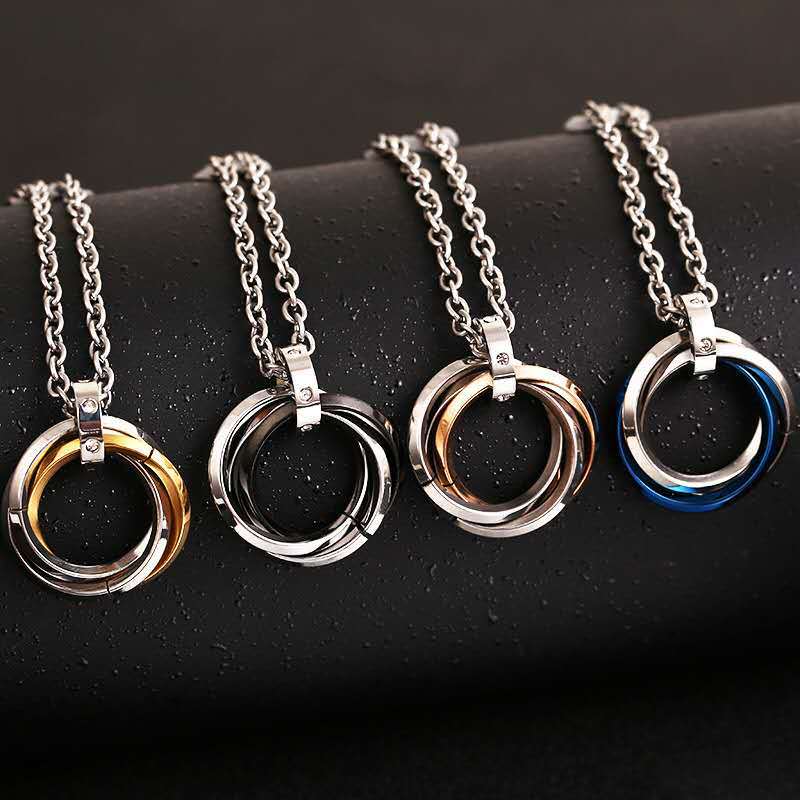 Japanese and Korean Jewelry Titanium Steel Three-Ring Necklace for Men and Women Couple Pendant Ins-Style Diamond-Studded Sweater Chain Versatile