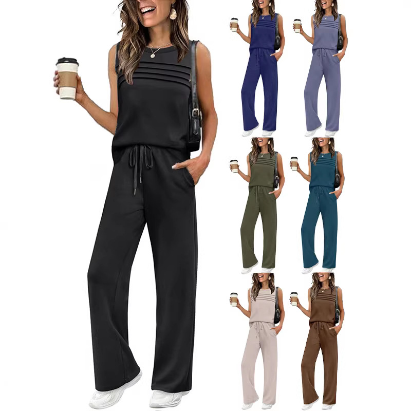 2026 Spring and Summer New Casual Suit Amazon European and American Cross-Border Pleated Vest Women's Top Two-Piece Set for Women