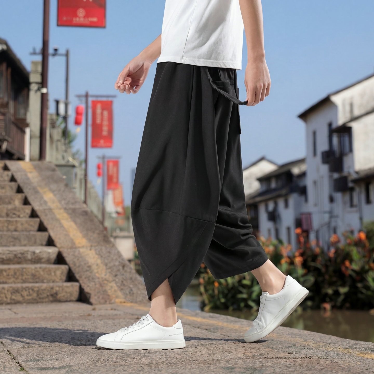 Men's Summer Thin Ice Silk Cropped Pants, Sports Casual Wide-Leg Tapered Carrot Pants, Chinese Style Beach Shorts
