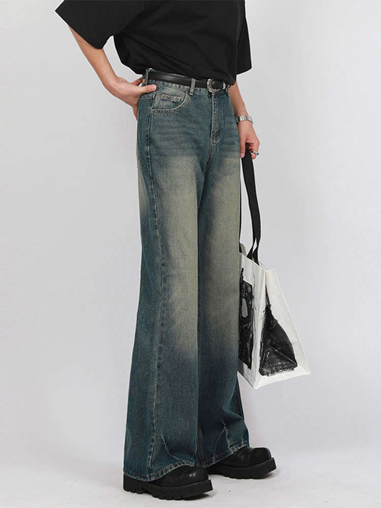 American Retro Straight-Leg Jeans for Men, Loose Slimming Look Floor-Length Pants, High Street Versatile Washed Wide-Leg Pants, Trendy