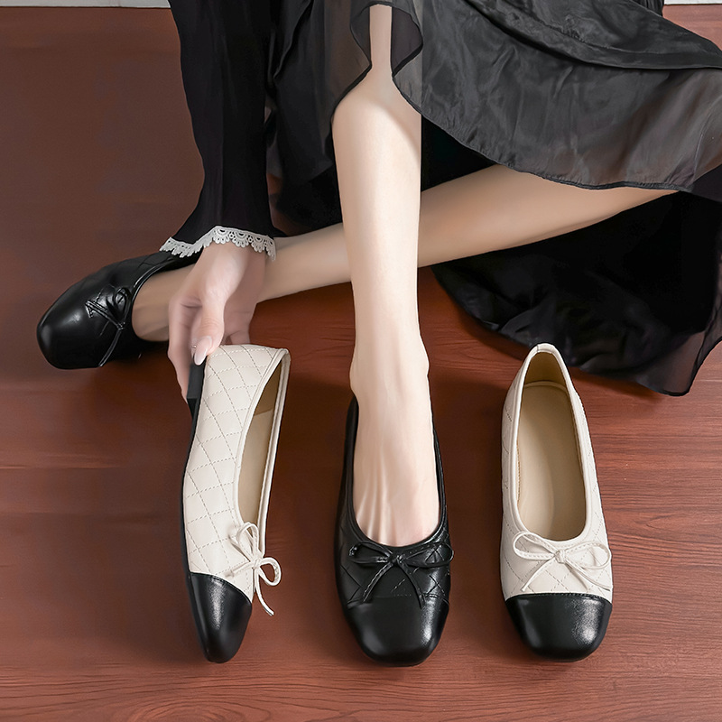 Hui Liya T316 Small Fragrant Style Quilted Flats for Women 2026 New Model Genuine Leather Sheepskin Bow Ballet Shoes Shallow Mouth