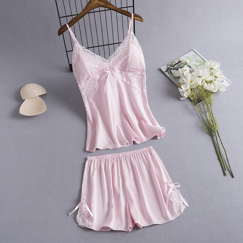 Sexy Sling Pajamas Women's Summer Thin Lace Silk Two-piece Set Silk-like Sexy Belt Chest Pad Home Clothes